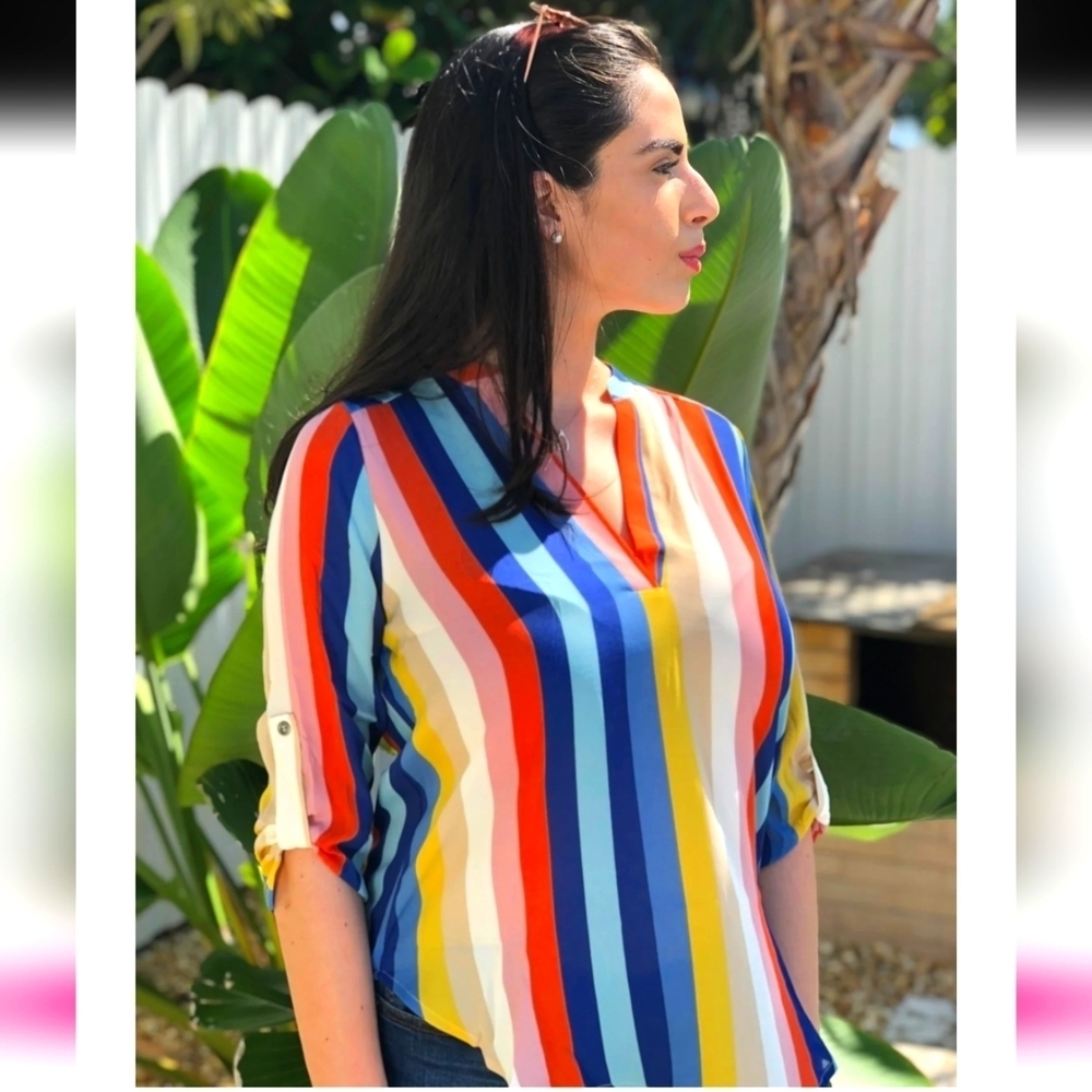 Lush By Vici Rainbow Multicolor Striped Women's Blouses